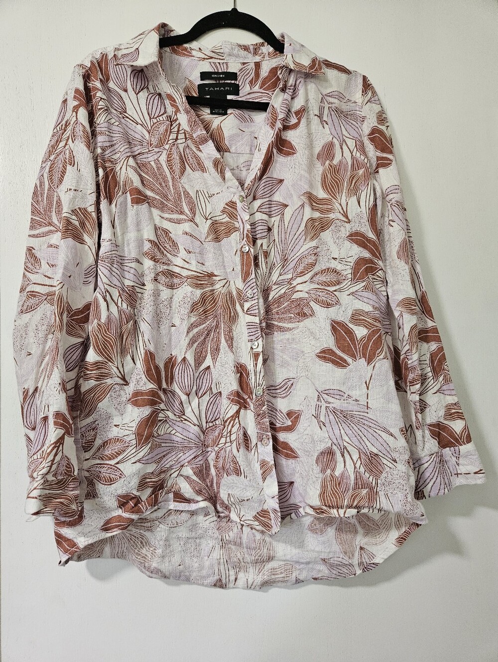 Tahari 100% Linen Leaf Print Button-Down Shirt Size Medium White Pink
